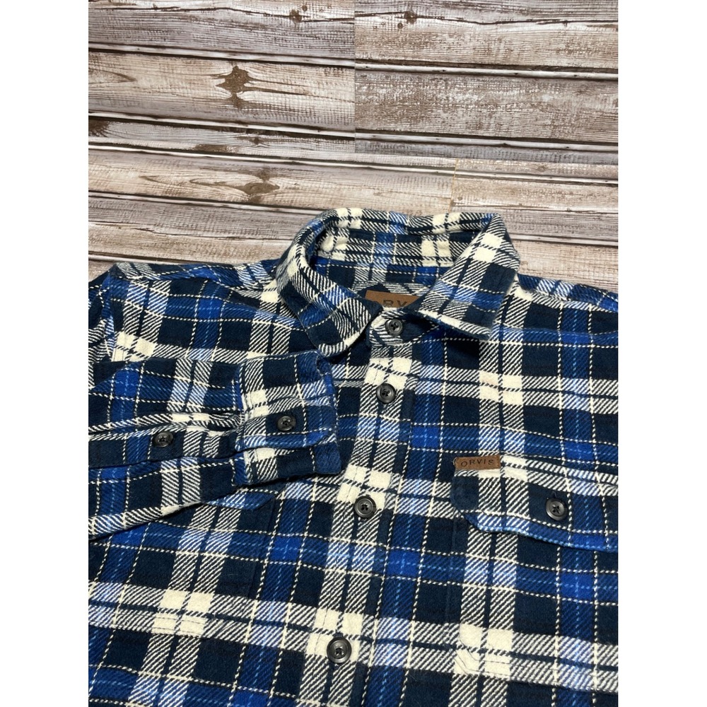 Orvis Heavy Flannel Shacket Plaid Blue White Mens Size Medium
